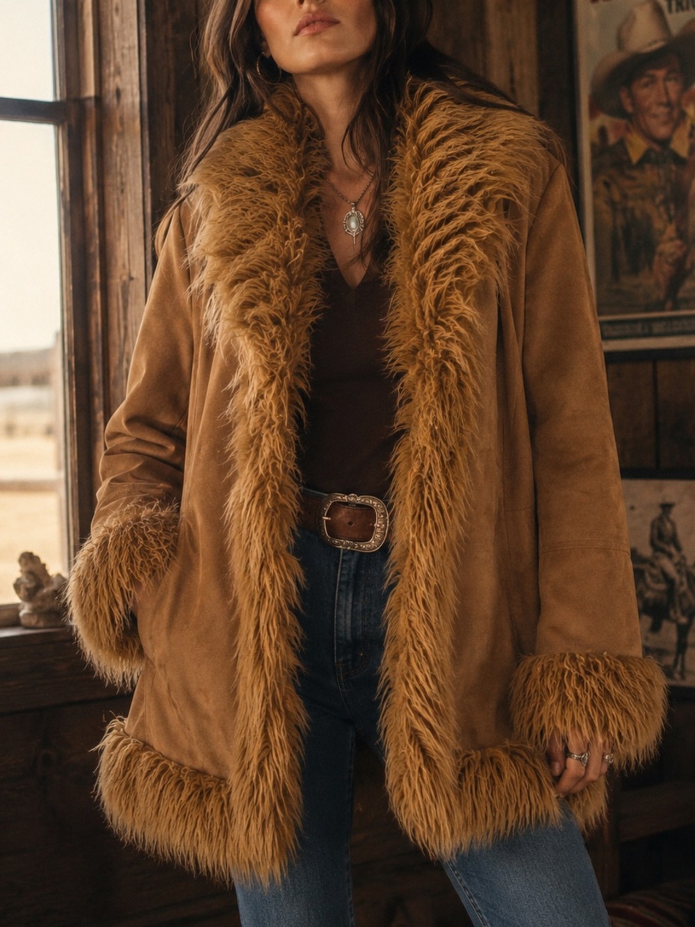 Stoosh Camel Faux Suede Penny Lane Coat with Shaggy Faux Fur Trim